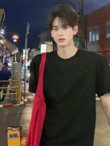 Black Heavyweight Short Sleeve Mens T-Shirt round Neck Casual Loose Fit Pure Cotton Half Sleeve Spring Youth Fashion Basic Style