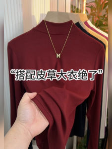 Ankela Red Womens Long Sleeve Half High Collar T-Shirt Fashionable Slimming Age-Defying Korean Style Straight Cut Inner Wear