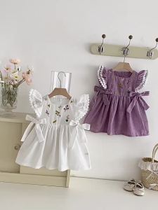 2026 Summer Baby Dress 9M-4T Korean Thin Loose Lace Kids Clothes Embroidered Flowers Girls Dress Children Outfit 2PCS