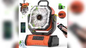 Quạt Cắm Trại Di Động 20000mAh Tích Hợp Đèn LED & Điều Khiển Từ Xa 4 Tốc Độ Hẹn Giờ Thiết Kế Xoay Đầu Có Móc Treo Sạc Lại Được Dùng Cho Ngoài Trời