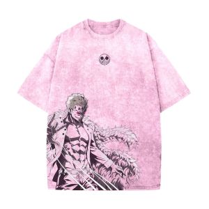 Bandai | ONE PIECE Mens and Womens Washed T-Shirt Summer Anime Donquixote Doflamingo Tee Cotton Retro Distressed Harajuku Short Sleeve