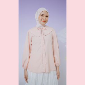 HijabChic Kikan Top - Baju Kemeja Polos Katun Premium Lembut Kerah Lengkung Pita Cantik Busui
