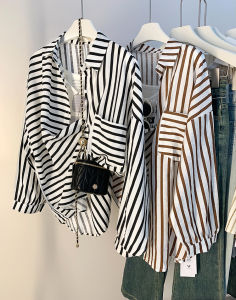 AMILUCK | Womens Stripe Chiffon Shirt Autumn 2023 Lightweight Maturity Hong Kong Style Versatile Design Sensation Thin Cotton Polyester Blend