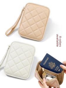 Slim Lightweight Soft Leather Passport Wallet Card Holder Storage Bag Diamond Pattern Handheld Business OL Style Zipper Closure