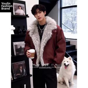 YOULIN | Burgundy Osprey Collar Warm Stylish American Style Thick Mink Velvet Cotton Down Coat