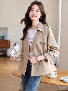 Womens Stylish Spring Autumn Coat British Style Versatile Waist-Cinching Fashionable Short Size Polyester Fiber Long Sleeve