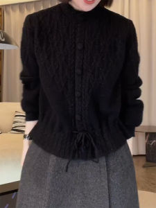 QINGNAER | Fall Winter Sweet Lazy Style Collar Unique Drawstring Cable Sweater