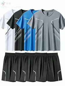 ชุดออกกำลังกายผู้ชายสไตล์เกาหลีไซส์ใหญ่แห้งเร็วแบบใหม่ในช่วงฤดูร้อน เสื้อยืดออกกำลังกายแขนสั้นแบบบางและกางเกงกีฬาขาสั้นแบบลำลอง M-5XL