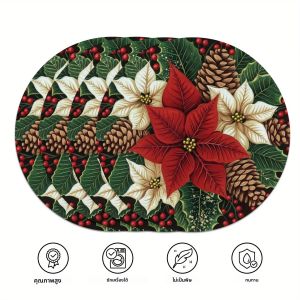 แผ่นรองจานลายพินโคนและดอกพอยน์เซตเทีย 4 ชิ้น สำหรับเทศกาลคริสต์มาส ตกแต่งโต๊ะอาหารสำหรับงานเลี้ยงสังสรรค์ในครอบครัว อุปกรณ์ตกแต่งงานปาร์ตี้