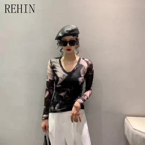 REHIN Summer Fashion Mesh Printed Long Sleeve T-shirt V-neck Slim Fit Trendy Top