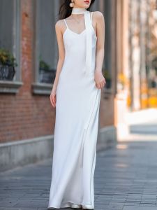 Spring Summer Womens Slim Fit Long Dress Acetate Satin Floor Length Draped Gown Casual High Waist Soft Comfortable V Neck