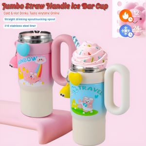Ice Bar Cup Big Straw Handle Ice Mug Large Capacity Water Cup Cute Card Thermos