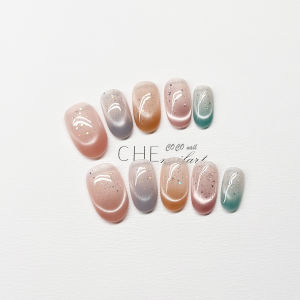 Handmade Cat Eye Powder French Style Hand-Painted Wearable Nails Small Flowers Brightening White High-End Feeling 816