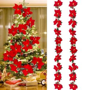 2m 10LED Christmas Artificial Poinsettia Flowers Garland String Lights Holly Leaves Xmas Tree Ornament Christmas Home Decor