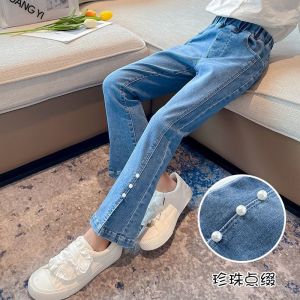 Little DR Jean for Kids Girls Denim Long Pants Korean Blue Children Winter Sport Elastic Waist Pearl Trousers Teenage Fashion Casual Jogger Wear Teen seluar budak perempuan