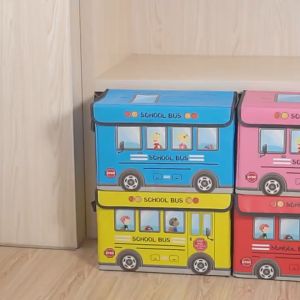 Foldable Storage Box School Bus Storage Box Kids Car Cartoon Toy Clothes Organizer Box With Lid BK0151