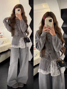 XUECAIQI | Korean Style Gray Knitted Sweater with Lace and Leisure Pants Two Piece Set