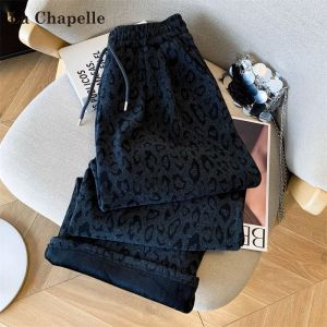 La Chapelle | Fleece Lined High Waist Slim Leopard Flannel Wide Leg Pants