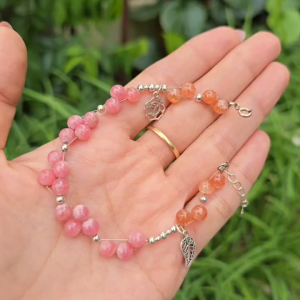Q2227 Lắc tay 2 loại đá Mặt trời Sunstone & Đào Hoa mix charm Bạc Thái móc Bạc freesize cho Hỏa và Thổ - Phong Thuỷ TUDO