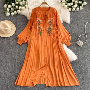 Hoa Thêu Cổ Điển Pháp Nữ Đầm Thiết Kế Rộng Rãi Thon Gọn Tay Lồng Đèn Midi Đầm Sơ Mi Phong Cách Hàn Quốc Đi Lại