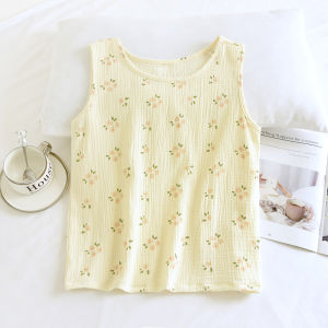Summer Thin Pure Cotton Bubble Cotton Yarn Panda Floral round Neck Pullover Sleeveless Vest Home Pajamas Cool Tops Women