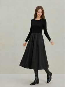 INMAN | Slimming Henry Collar Knitted Yoke Dress Black