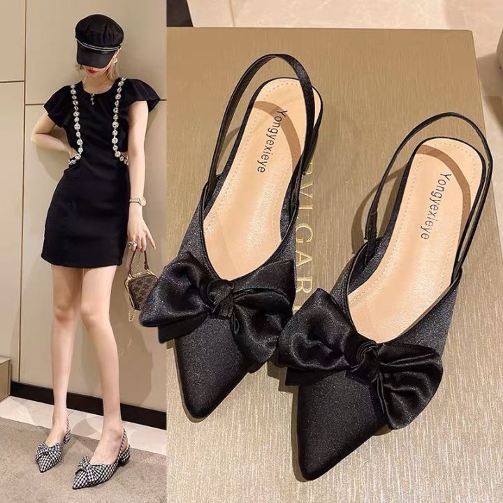 Dép sục nữ quai hậu mũi nhọn đính nơ siêu xinh màu Đen Dép Da Màu
