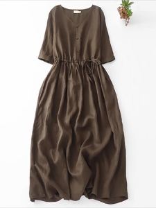 High-End Artistic Linen V-Neck Midi Dress Loose Waist Vintage Sleeveless A-Line Summer New Arrival Womens Dress