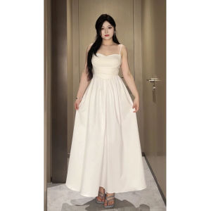 Đầm Sling Trắng Phong Cách Pháp Thanh Lịch Cho Nữ Kích Thước Lớn Giảm Béo Eo Ẩn Không Tay Mùa Hè