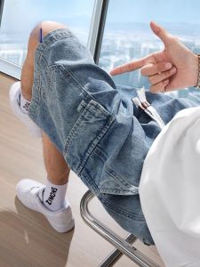 ROMON | Romon Mens Summer Thin Loose Workwear Style Jeans Shorts Trendy Casual Five-Point Pants Cotton Recycled Fiber Polyester