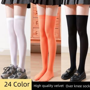 Yingbao Tất Dài Qua Đầu Gối Bằng Nhung Tất Trơn Sọc Cao Đến Đùi Cho Nữ Phong Cách Nhật Bản