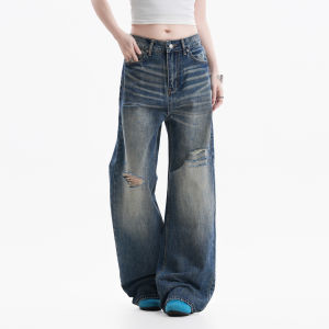zuocisankon | Quần Jeans Đùi Rách Phong Cách Đường Phố Cao Waist Chân Rộng