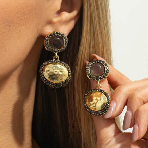 SHIXIN Vintage Inlaid Rhinestone Oval Drop Earrings for Women Luxury Geometric Round Pendant Earrings Party Fashion Jewelry Gift