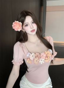 GUZILIAN | French Pink 3D Flower Bubble Sleeve Knitted T-shirt Womens Summer Design Sweet Spicy Short Top Korean Style Slim Fit Bubble Sleeve T-shirt