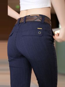 Business Casual Striped Mens Pants Straight Leg Slim Fit Fashionable Long Trousers for Spring Autumn Season Polyester Blend