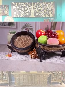 ถาดผลไม้แต่งงานร้านเสริมสวยเอเชียตะวันออกเฉียงใต้ไม้ไผ่สานถาดผลไม้แห้งขนมขบเคี้ยวถาดเก็บกุญแจห้องนั่งเล่นสร้างสรรค์ ถาดผลไม้สามช้าง ถาดเก็บของ ถาดกลม