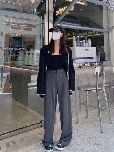 กางเกงสูททรงหลวมเอวสูงสีเทา ทรงตรง กางเกงขายาวทรงหลวมสำหรับผู้หญิง ทรงหลวม สไตล์เกาหลี กางเกงขายาวทรงหลวม