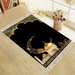 Thảm Cầu Nguyện Sang Trọng VIKAMA Black Gold Crescent Gilded Dome Viền Tua Rua Trắng Họa Tiết Hình Học Chất Liệu Polyester Mặt Sau Bằng Vải Da Lộn Dùng Cho Nhà Cửa Phòng Ngủ.