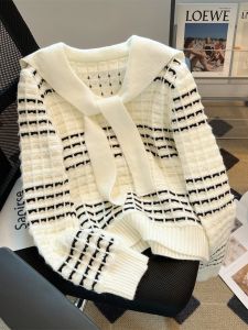 เสื้อสเวตเตอร์ถักแขนยาวลายทางสำหรับผู้หญิง ฤดูใบไม้ผลิและฤดูใบไม้ร่วง ผ้าไหม แขนยาว คอตั้ง ปกติ แขนยาว ปกติ