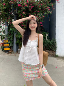 ชุดเดรสยาวปานกลางลายดอกไม้ Pepe Home สำหรับผู้หญิงในช่วงฤดูร้อน ชุดเดรสยาวปานกลางทรงเอเอวสูง แขนกุด คอวี สไตล์เกาหลีหวานๆ