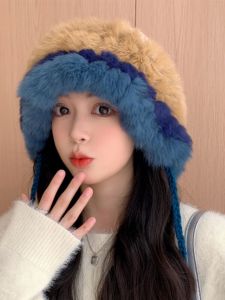 Warm Knitted Rabbit Fur Blend Woolen Cap Womens Autumn Winter Sweet Cute Small Plush Ear Protection Full Coverage Hat