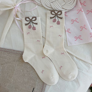 2025 New Fashion Sweet Butterfly Knot Embroidered Pure Cotton Mid-Calf Socks for Women Matching Small Leather Shoes Socks