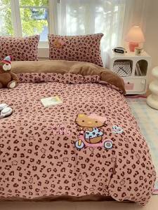 YAOKANG | Cartoon Leopard Pattern Warm Coral Fleece Bedding Set