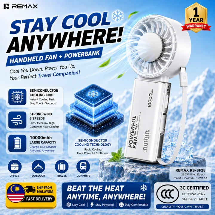 【REMAX 3C Certified】Kipas Mini Turbo Fan Ice Cooling 10000mAh Portable Handheld Fan Cooling Powerbank Bateri Tahan Lama