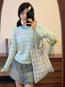 Sweet Fitted Short Sleeve T-Shirt Womens round Neck Striped Embroidery Cartoon Long Sleeve Autumn Top Design Sense Color Block