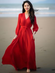 ชุดเดรสยาวผ้าชีฟองสีแดง ทรงเอ กระโปรงชายหาด ชุดไปเที่ยวชายหาด ชุดเดรสยาวคลุมเข่า กระโปรงทรงเอ ชุดทำงานฤดูร้อน