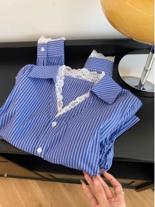 Luxurious Blue Striped Long Sleeve Lace Patchwork Womens Shirt Korean Style Commute Fashion plus Size Inner Wear Top