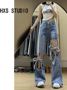 กางเกงยีนส์ทรงหลวมเอวสูงสไตล์ย้อนยุคสไตล์อเมริกันสำหรับผู้หญิง กางเกงขายาวทรงหลวมเอวสูงแบบมีรูพรุนและผูกโบว์