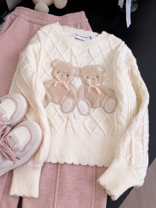 Girls Knitted Sweater Spring Autumn Bear Pattern Warm Base Layer Shirt Korean Style Long Sleeve round Neck Childrens Fashion