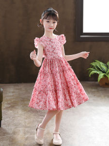 Princess Style Summer Thin Vest Dress for Girls Lace Trim Beach Skirt Childrens Clothing Polyester Fabric Floral Pattern